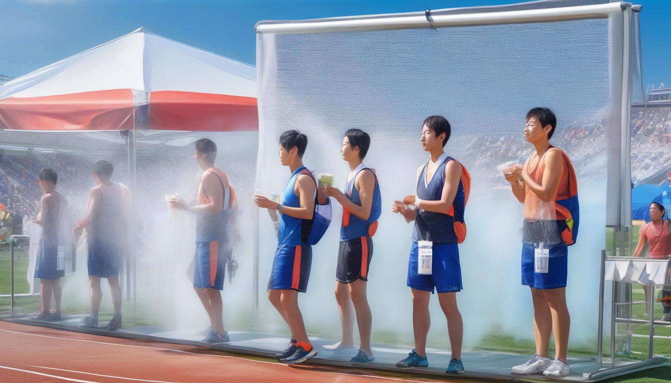 ミスト送風機でクールダウンする選手たち